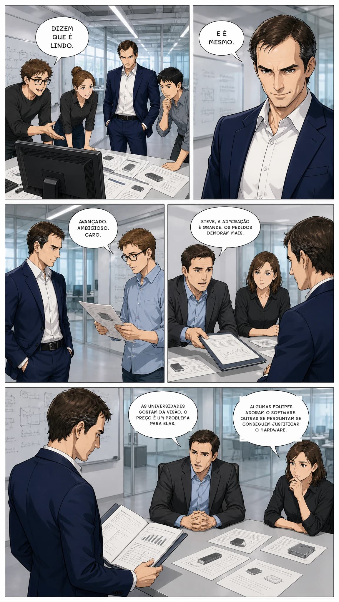 DIZEM QUE É LINDO.
E É MESMO.
AVANÇADO. AMBICIOSO. CARO.
STEVE, A ADMIRAÇÃO É GRANDE. OS PEDIDOS DEMORAM MAIS.
AS UNIVERSIDADES GOSTAM DA VISÃO. O PREÇO É UM PROBLEMA PARA ELAS.
ALGUMAS EQUIPES ADORAM O SOFTWARE. OUTRAS SE PERGUNTAM SE CONSEGUEM JUSTIFICAR O HARDWARE.