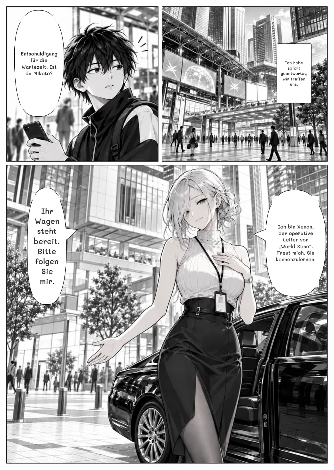 Entschuldigung für die Wartezeit. Ist da Mikoto?
Ich habe sofort geantwortet, wir treffen uns.
Ihr Wagen steht bereit. Bitte folgen Sie mir.
Ich bin Xenon, der operative Leiter von „World Xeno“. Freut mich, Sie kennenzulernen.