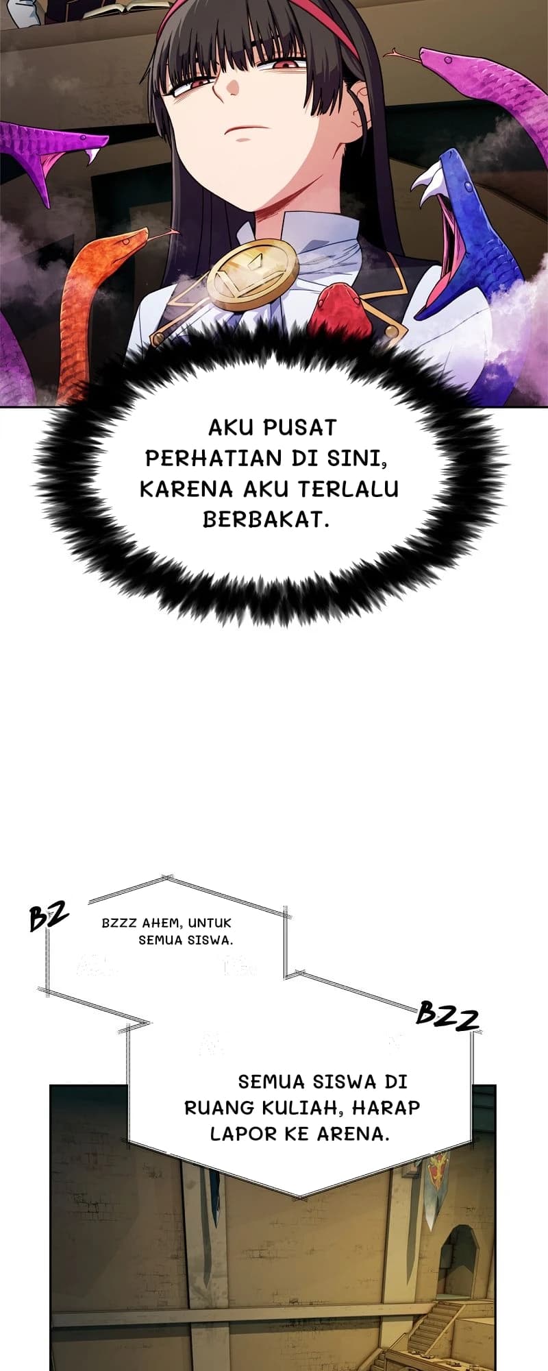 Aku pusat perhatian di sini, karena aku terlalu berbakat.
Bzzz ahem, untuk semua siswa.
Semua siswa di ruang kuliah, harap lapor ke arena.