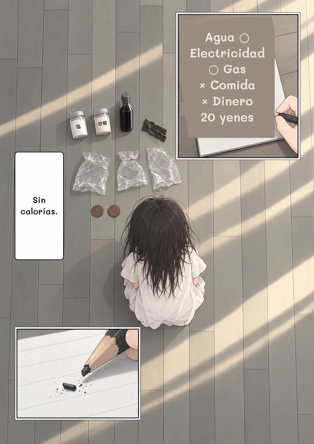 Agua ○ Electricidad ○ Gas × Comida × Dinero 20 yenes
Sin calorías.