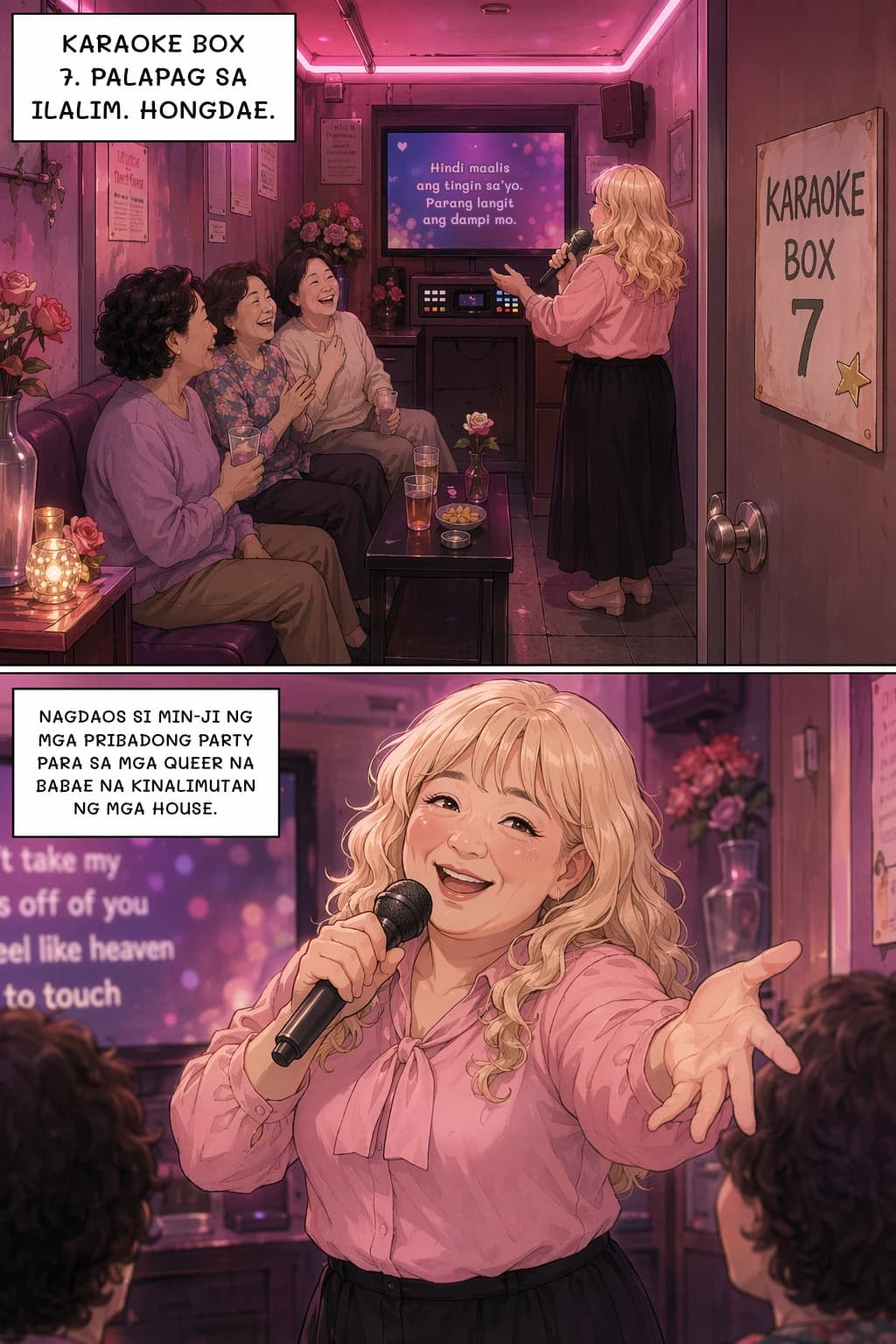 KARAOKE BOX 7. PALAPAG SA ILALIM. HONGDAE.
Hindi maalis ang tingin sa’yo. Parang langit ang dampi mo.
NAGDAOS SI MIN-JI NG MGA PRIBADONG PARTY PARA SA MGA QUEER NA BABAE NA KINALIMUTAN NG MGA HOUSE.