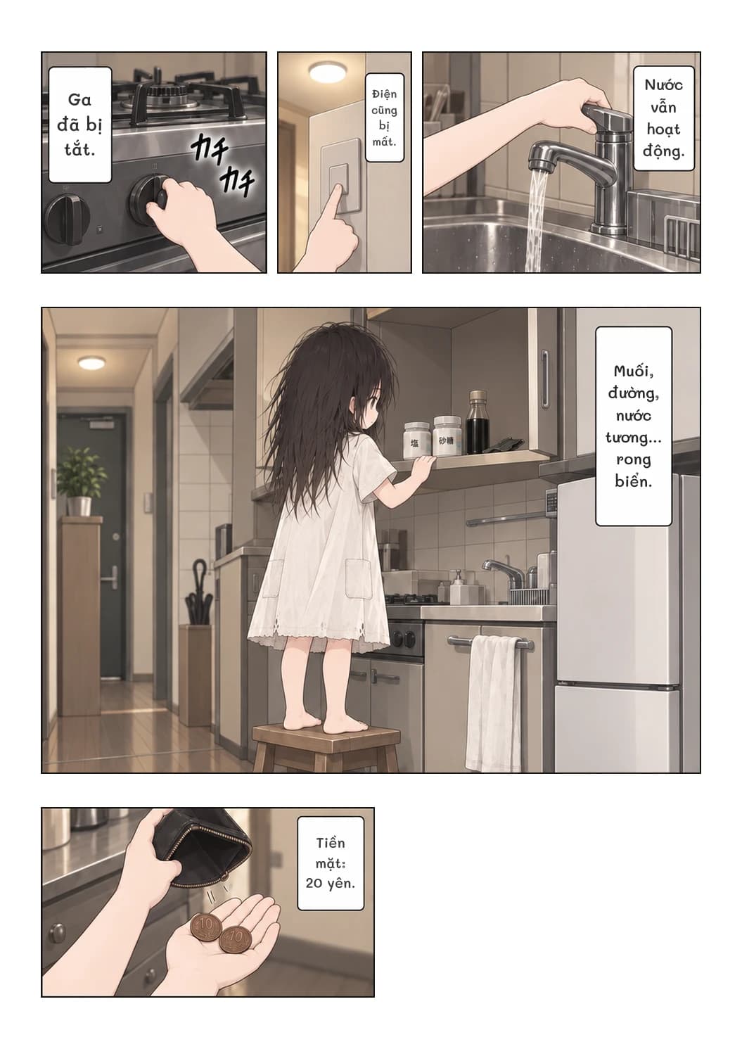 Ga đã bị tắt.
Điện cũng bị mất.
Nước vẫn hoạt động.
Muối, đường, nước tương... rong biển.
Tiền mặt: 20 yên.