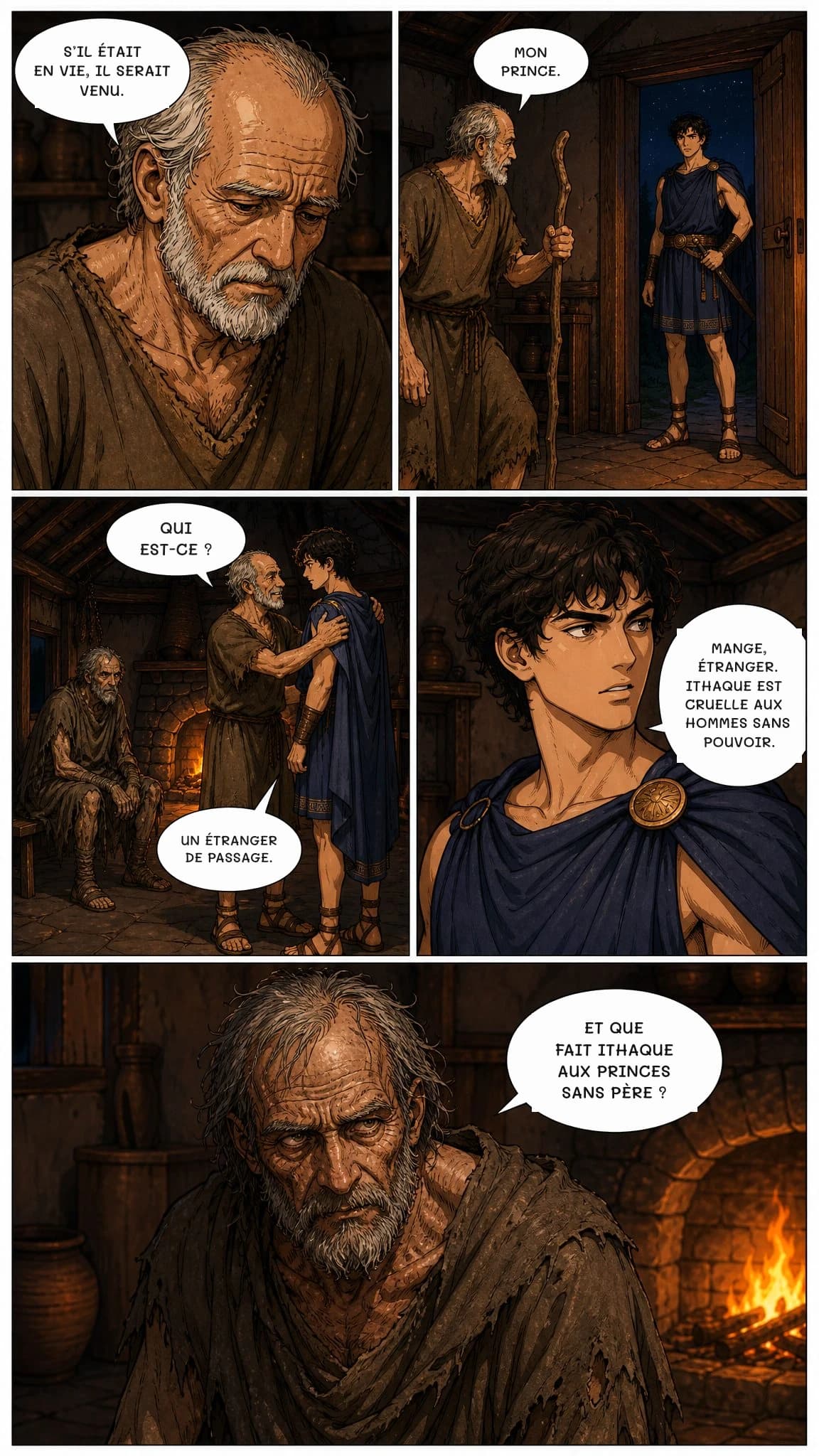 S’IL ÉTAIT EN VIE, IL SERAIT VENU.
MON PRINCE.
QUI EST-CE ?
UN ÉTRANGER DE PASSAGE.
MANGE, ÉTRANGER. ITHAQUE EST CRUELLE AUX HOMMES SANS POUVOIR.
ET QUE FAIT ITHAQUE AUX PRINCES SANS PÈRE ?