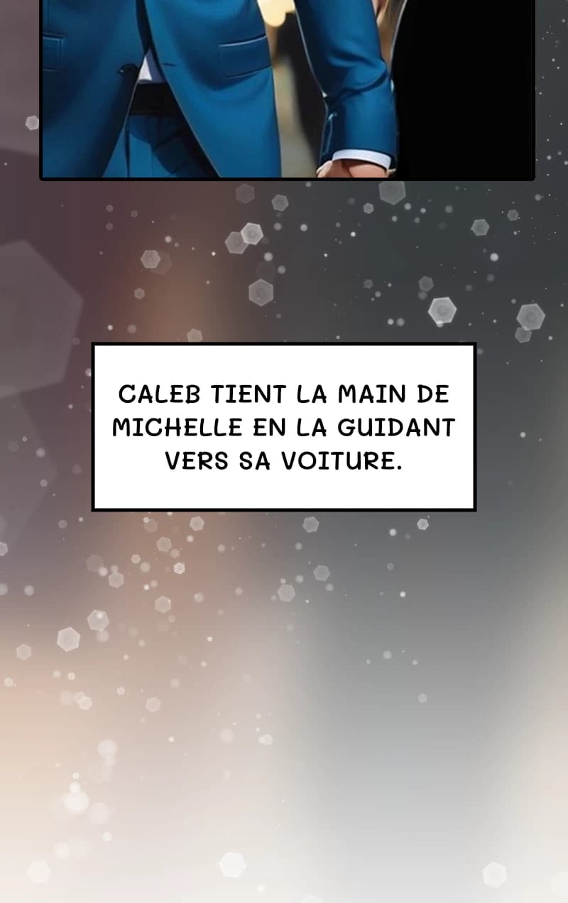 Caleb tient la main de Michelle en la guidant vers sa voiture.