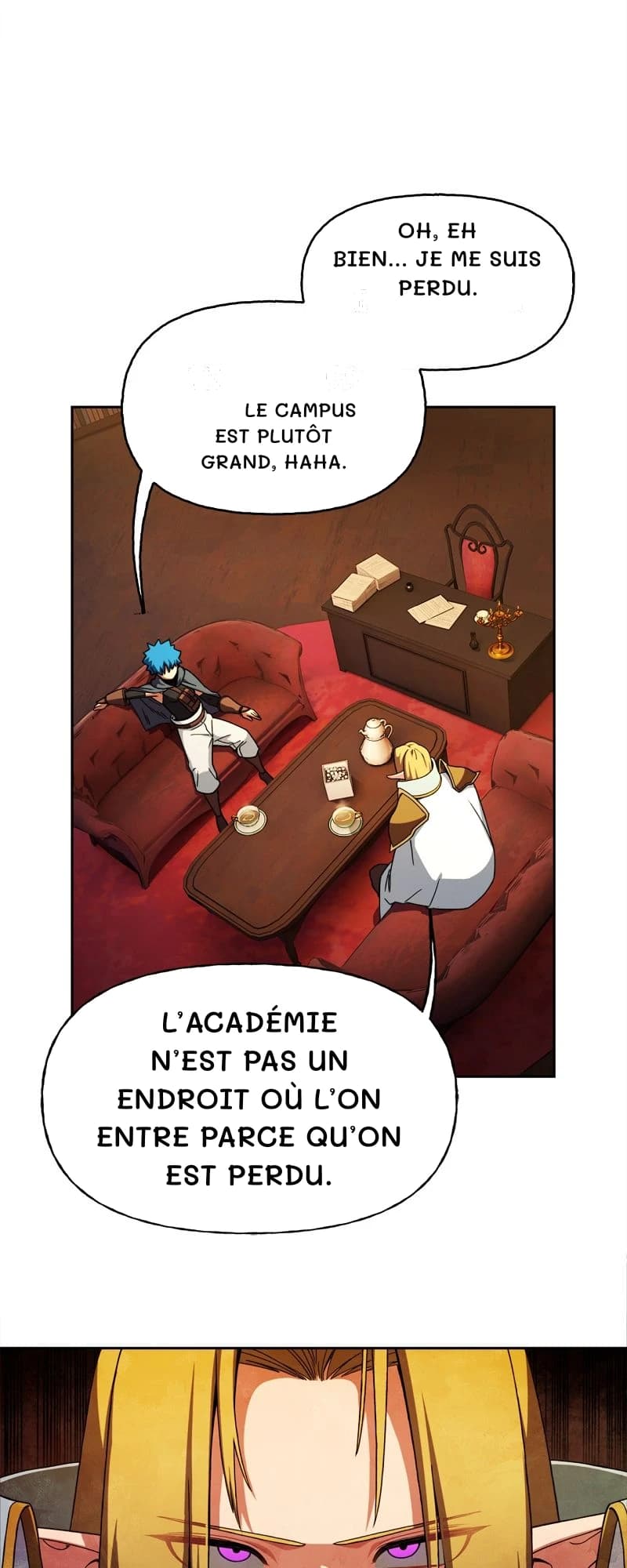 Oh, eh bien… je me suis perdu.
Le campus est plutôt grand, haha.
L’académie n’est pas un endroit où l’on entre parce qu’on est perdu.
