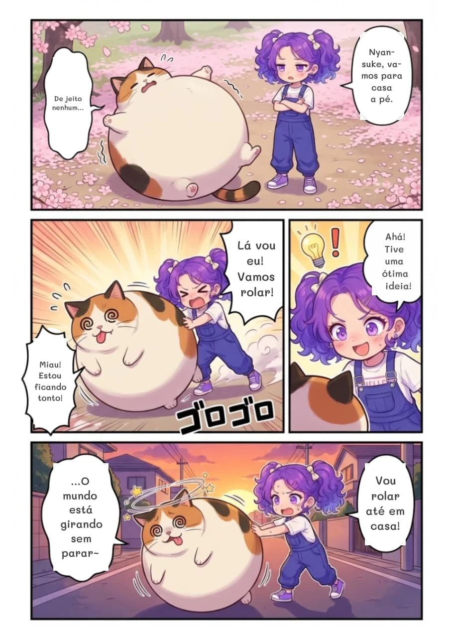 Nyansuke, vamos para casa a pé.
De jeito nenhum...
Lá vou eu! Vamos rolar!
Miau! Estou ficando tonto!
Ahá! Tive uma ótima ideia!
Vou rolar até em casa!
...O mundo está girando sem parar~