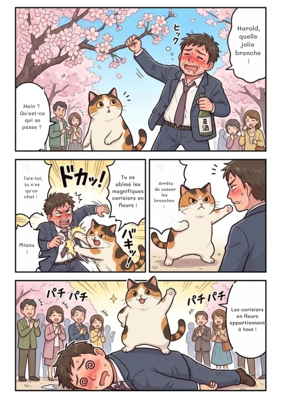 Harold, quelle jolie branche !
Hein ? Qu'est-ce qui se passe ?
Tu as abîmé les magnifiques cerisiers en fleurs !
Tais-toi, tu n'es qu'un chat !
Miaou !
Arrête de casser les branches !
Les cerisiers en fleurs appartiennent à tous !