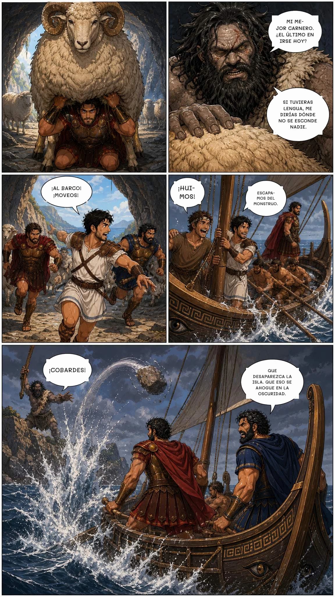 MI MEJOR CARNERO. ¿EL ÚLTIMO EN IRSE HOY?
SI TUVIERAS LENGUA, ME DIRÍAS DÓNDE NO SE ESCONDE NADIE.
¡AL BARCO! ¡MOVEOS!
¡HUIMOS!
ESCAPAMOS DEL MONSTRUO.
¡COBARDES!
QUE DESAPAREZCA LA ISLA. QUE ESO SE AHOGUE EN LA OSCURIDAD.