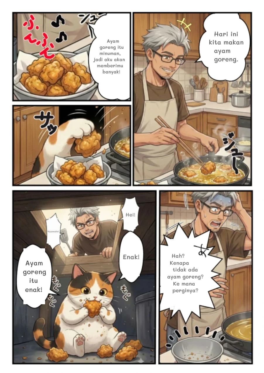 Hari ini kita makan ayam goreng.
Ayam goreng itu minuman, jadi aku akan memberimu banyak!
Hei!
Nyansuke!
Enak!
Ayam goreng itu enak!
Hah? Kenapa tidak ada ayam goreng? Ke mana perginya?