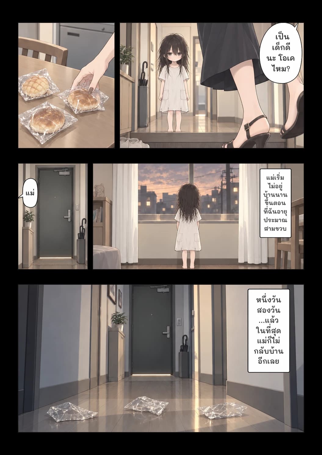 เป็นเด็กดีนะ โอเคไหม?
แม่
แม่เริ่มไม่อยู่บ้านนานขึ้นตอนที่ฉันอายุประมาณสามขวบ
หนึ่งวัน สองวัน ...แล้วในที่สุดแม่ก็ไม่กลับบ้านอีกเลย