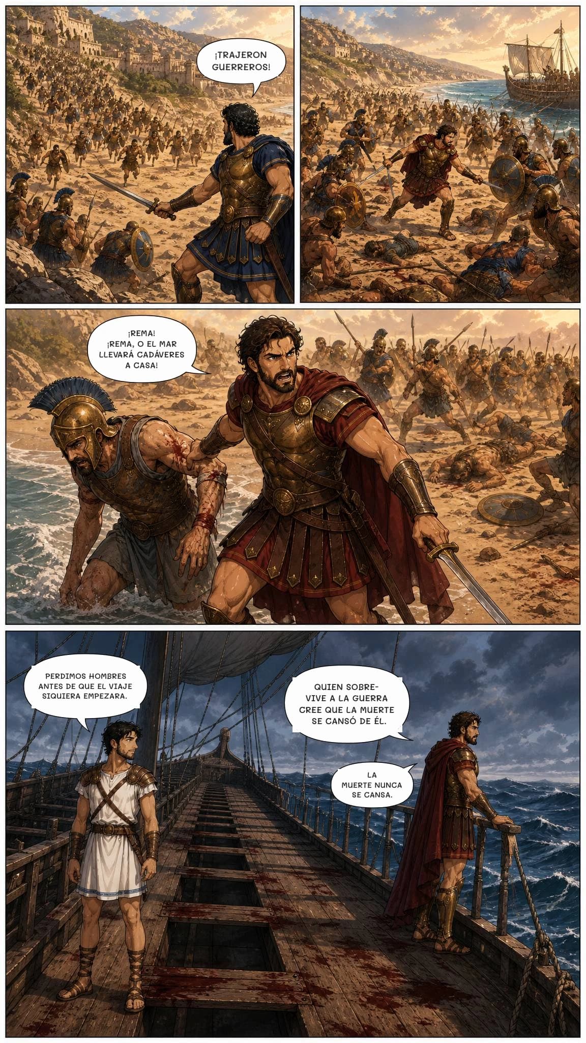 ¡TRAJERON GUERREROS!
¡REMA! ¡REMA, O EL MAR LLEVARÁ CADÁVERES A CASA!
PERDIMOS HOMBRES ANTES DE QUE EL VIAJE SIQUIERA EMPEZARA.
QUIEN SOBREVIVE A LA GUERRA CREE QUE LA MUERTE SE CANSÓ DE ÉL.
LA MUERTE NUNCA SE CANSA.