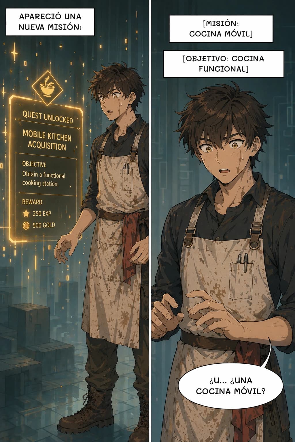 APARECIÓ UNA NUEVA MISIÓN:
[MISIÓN: COCINA MÓVIL]
[OBJETIVO: COCINA FUNCIONAL]
¿U... ¿UNA COCINA MÓVIL?