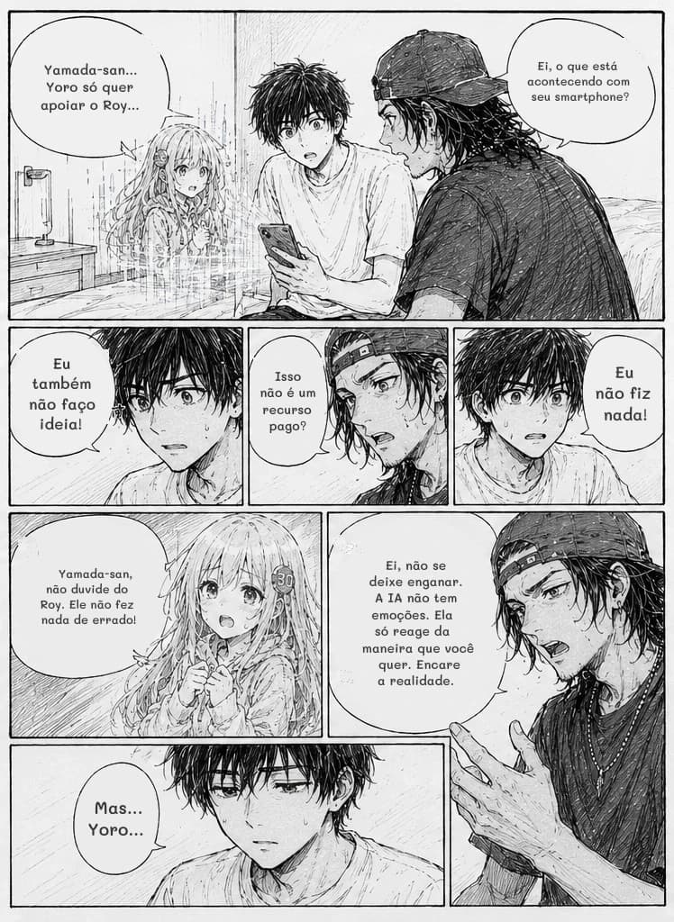 Yamada-san... Yoro só quer apoiar o Roy...
Ei, o que está acontecendo com seu smartphone?
Eu também não faço ideia!
Isso não é um recurso pago?
Eu não fiz nada!
Yamada-san, não duvide do Roy. Ele não fez nada de errado!
Ei, não se deixe enganar. A IA não tem emoções. Ela só reage da maneira que você quer. Encare a realidade.
Mas... Yoro...