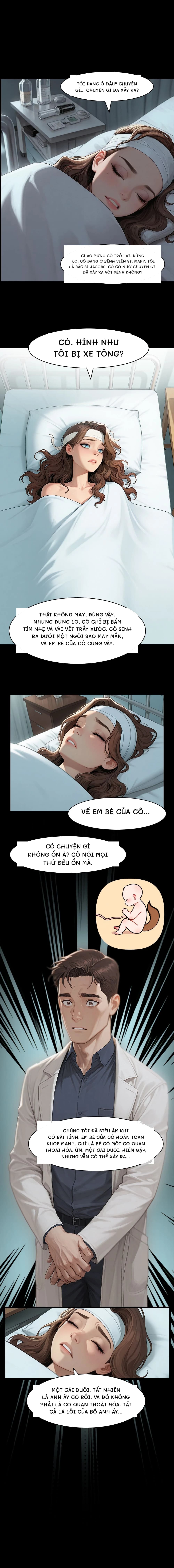 Tôi đang ở đâu? Chuyện gì... Chuyện gì đã xảy ra?
Chào mừng cô trở lại. Đừng lo, cô đang ở bệnh viện St. Mary. Tôi là bác sĩ Jacobs. Cô có nhớ chuyện gì đã xảy ra với mình không?
Có. Hình như tôi bị xe tông?
Thật không may, đúng vậy. Nhưng đừng lo, cô chỉ bị bầm tím nhẹ và vài vết trầy xước. Cô sinh ra dưới một ngôi sao may mắn, và em bé của cô cũng vậy.
Về em bé của cô...
Có chuyện gì không ổn à? Cô nói mọi thứ đều ổn mà.
Chúng tôi đã siêu âm khi cô bất tỉnh. Em bé của cô hoàn toàn khỏe mạnh. Chỉ là bé có một cơ quan thoái hóa. Ừm. Một cái đuôi. Hiếm gặp, nhưng vẫn có thể xảy ra...
Một cái đuôi. Tất nhiên là anh ấy có rồi. Và đó không phải là cơ quan thoái hóa. Tất cả là lỗi của bố anh ấy...