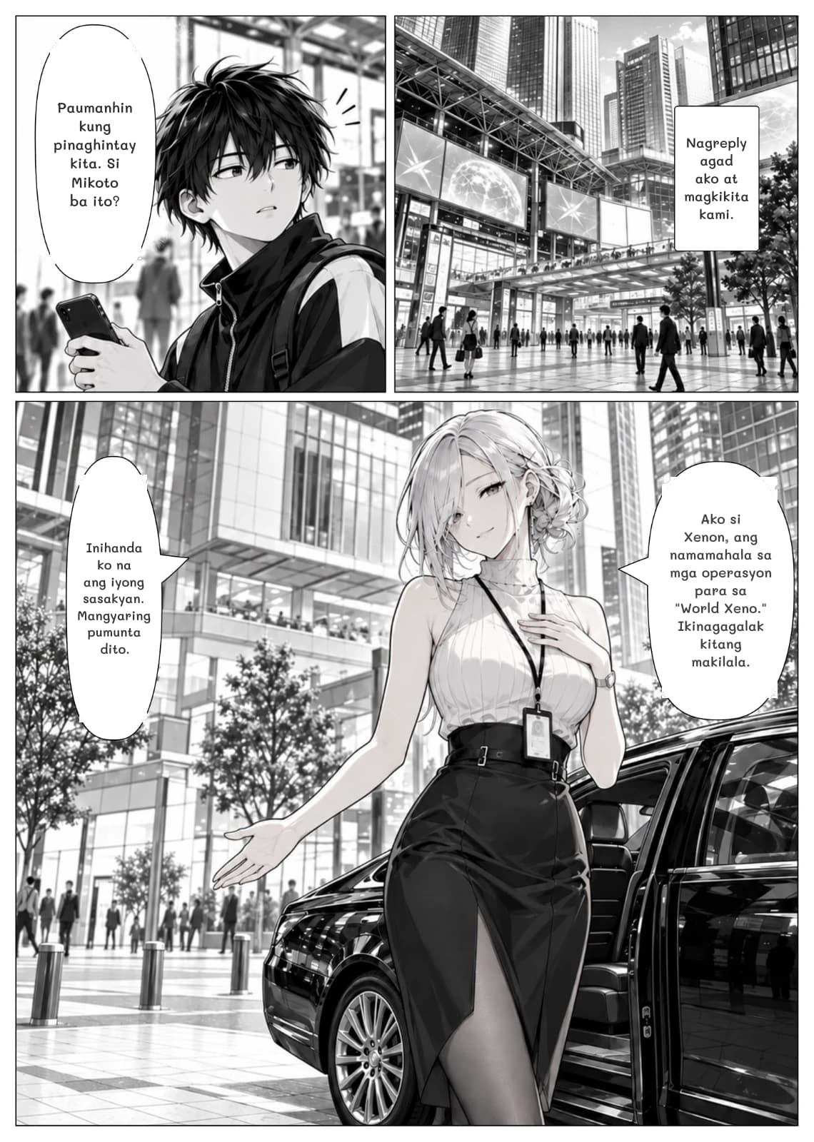 Paumanhin kung pinaghintay kita. Si Mikoto ba ito?
Nagreply agad ako at magkikita kami.
Inihanda ko na ang iyong sasakyan. Mangyaring pumunta dito.
Ako si Xenon, ang namamahala sa mga operasyon para sa "World Xeno." Ikinagagalak kitang makilala.