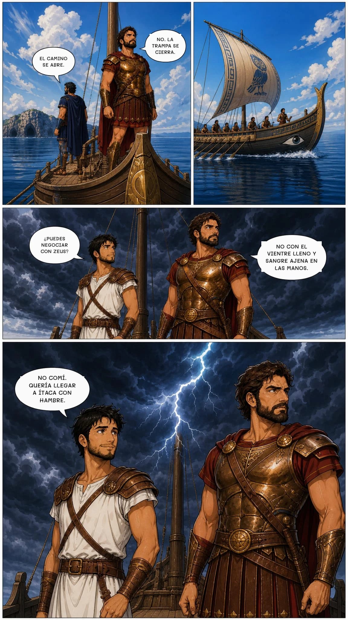 EL CAMINO SE ABRE.
NO. LA TRAMPA SE CIERRA.
¿PUEDES NEGOCIAR CON ZEUS?
NO CON EL VIENTRE LLENO Y SANGRE AJENA EN LAS MANOS.
NO COMÍ. QUERÍA LLEGAR A ÍTACA CON HAMBRE.
