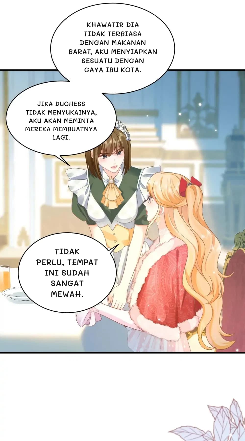Khawatir dia tidak terbiasa dengan makanan barat, aku menyiapkan sesuatu dengan gaya ibu kota.
Jika Duchess tidak menyukainya, aku akan meminta mereka membuatnya lagi.
Tidak perlu, tempat ini sudah sangat mewah.