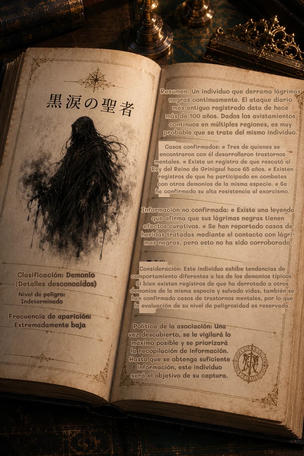 Resumen: Un individuo que derrama lágrimas negras continuamente. El ataque diario más antiguo registrado data de hace más de 100 años. Dados los avistamientos continuos en múltiples regiones, es muy probable que se trate del mismo individuo.
Casos confirmados: • Tres de quienes se encontraron con él desarrollaron trastornos mentales. • Existe un registro de que rescató al Rey del Reino de Grinigsul hace 65 años. • Existen registros de que ha participado en combates con otros demonios de la misma especie. • Se ha confirmado su alta resistencia al exorcismo.
Información no confirmada: • Existe una leyenda que afirma que sus lágrimas negras tienen efectos curativos. • Se han reportado casos de heridas tratadas mediante el contacto con lágrimas negras, pero esto no ha sido corroborado.
Consideración: Este individuo exhibe tendencias de comportamiento diferentes a las de los demonios típicos. Si bien existen registros de que ha derrotado a otros demonios de la misma especie y salvado vidas, también se han confirmado casos de trastornos mentales, por lo que la evaluación de su nivel de peligrosidad es reservada.
Política de la asociación: Una vez descubierto, se le vigilará lo máximo posible y se priorizará la recopilación de información. Hasta que se obtenga suficiente información, este individuo será el objetivo de su captura.
Clasificación: Demonio (Detalles desconocidos)
Nivel de peligro: Indeterminado
Frecuencia de aparición: Extremadamente baja