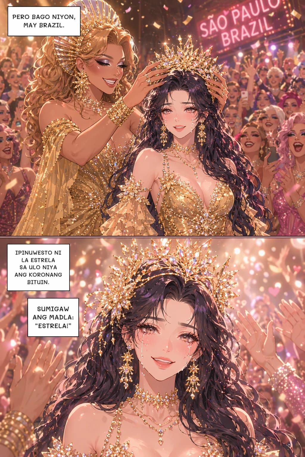 PERO BAGO NIYON, MAY BRAZIL.
IPINUWESTO NI LA ESTRELA SA ULO NIYA ANG KORONANG BITUIN.
SUMIGAW ANG MADLA: “ESTRELA!”