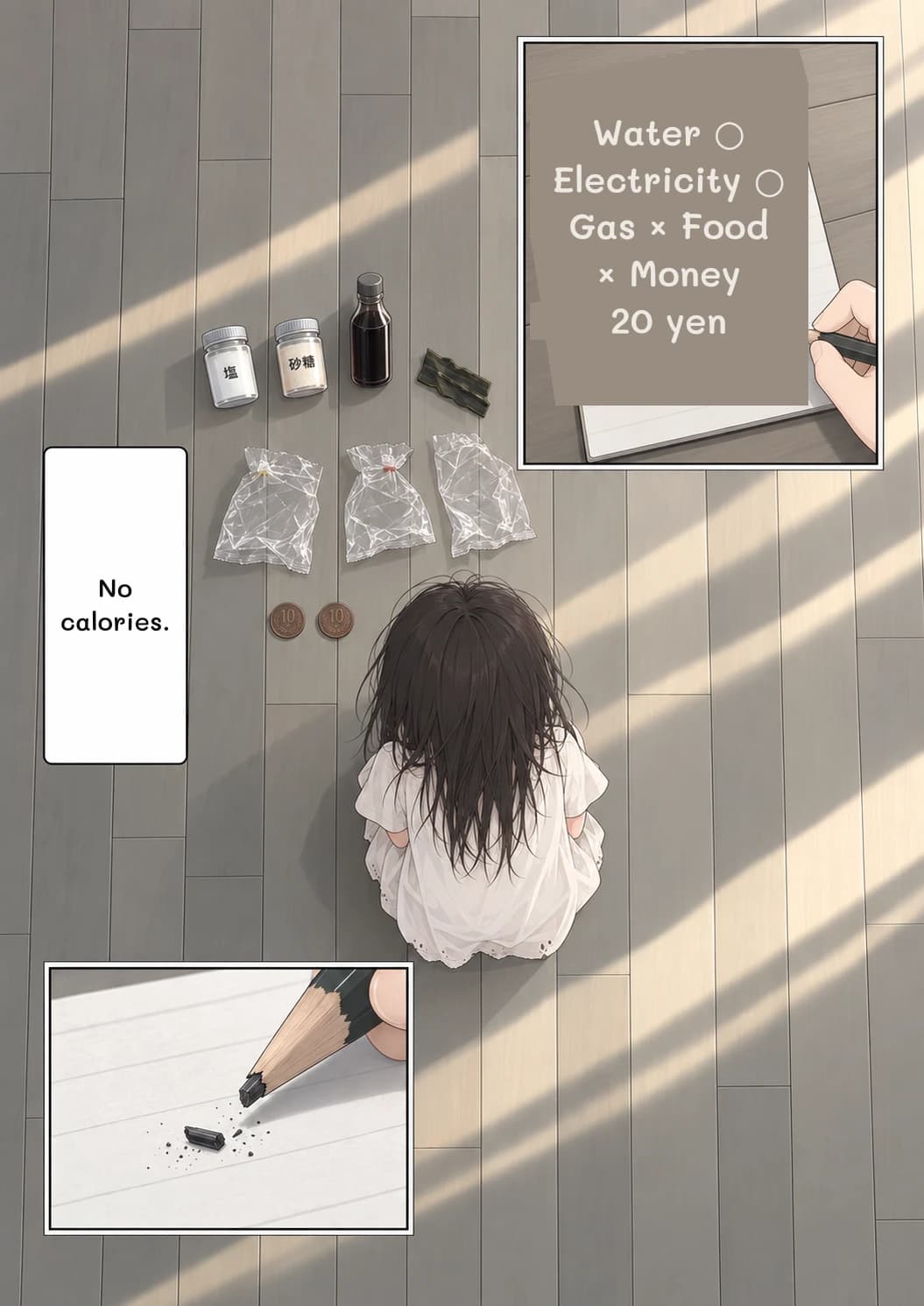 Water ○ Electricity ○ Gas × Food × Money 20 yen
No calories.