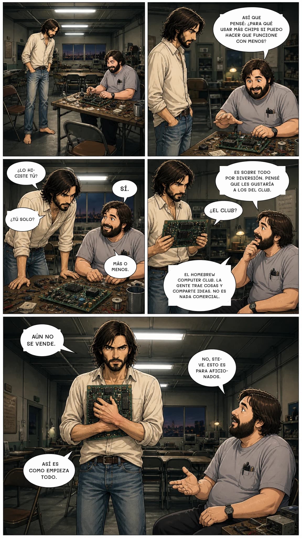 ASÍ QUE PENSÉ: ¿PARA QUÉ USAR MÁS CHIPS SI PUEDO HACER QUE FUNCIONE CON MENOS?
¿LO HICISTE TÚ?
SÍ.
¿TÚ SOLO?
MÁS O MENOS.
ES SOBRE TODO POR DIVERSIÓN. PENSÉ QUE LES GUSTARÍA A LOS DEL CLUB.
¿EL CLUB?
EL HOMEBREW COMPUTER CLUB. LA GENTE TRAE COSAS Y COMPARTE IDEAS. NO ES NADA COMERCIAL.
AÚN NO SE VENDE.
NO, STEVE. ESTO ES PARA AFICIONADOS.
ASÍ ES COMO EMPIEZA TODO.