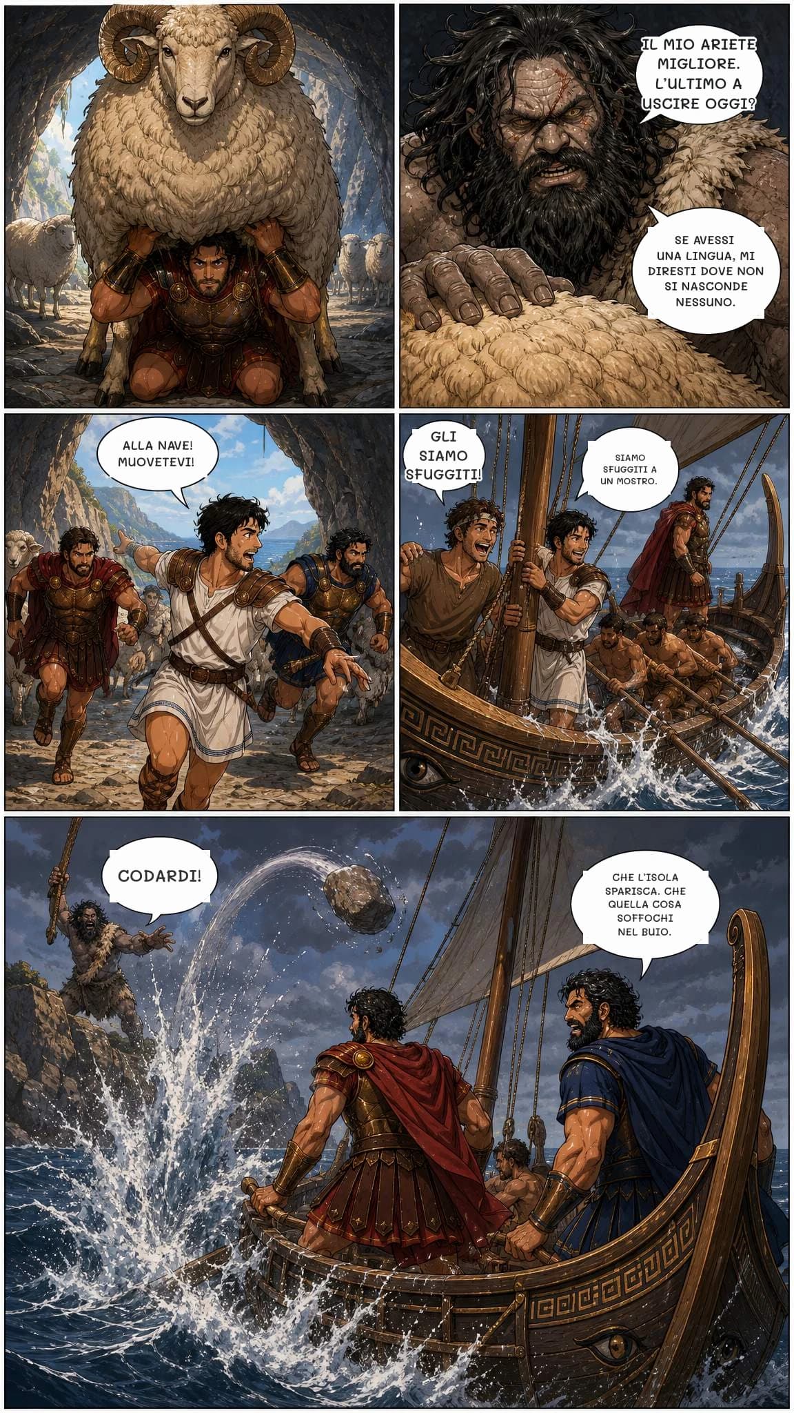 IL MIO ARIETE MIGLIORE. L’ULTIMO A USCIRE OGGI?
SE AVESSI UNA LINGUA, MI DIRESTI DOVE NON SI NASCONDE NESSUNO.
ALLA NAVE! MUOVETEVI!
GLI SIAMO SFUGGITI!
SIAMO SFUGGITI A UN MOSTRO.
CODARDI!
CHE L’ISOLA SPARISCA. CHE QUELLA COSA SOFFOCHI NEL BUIO.